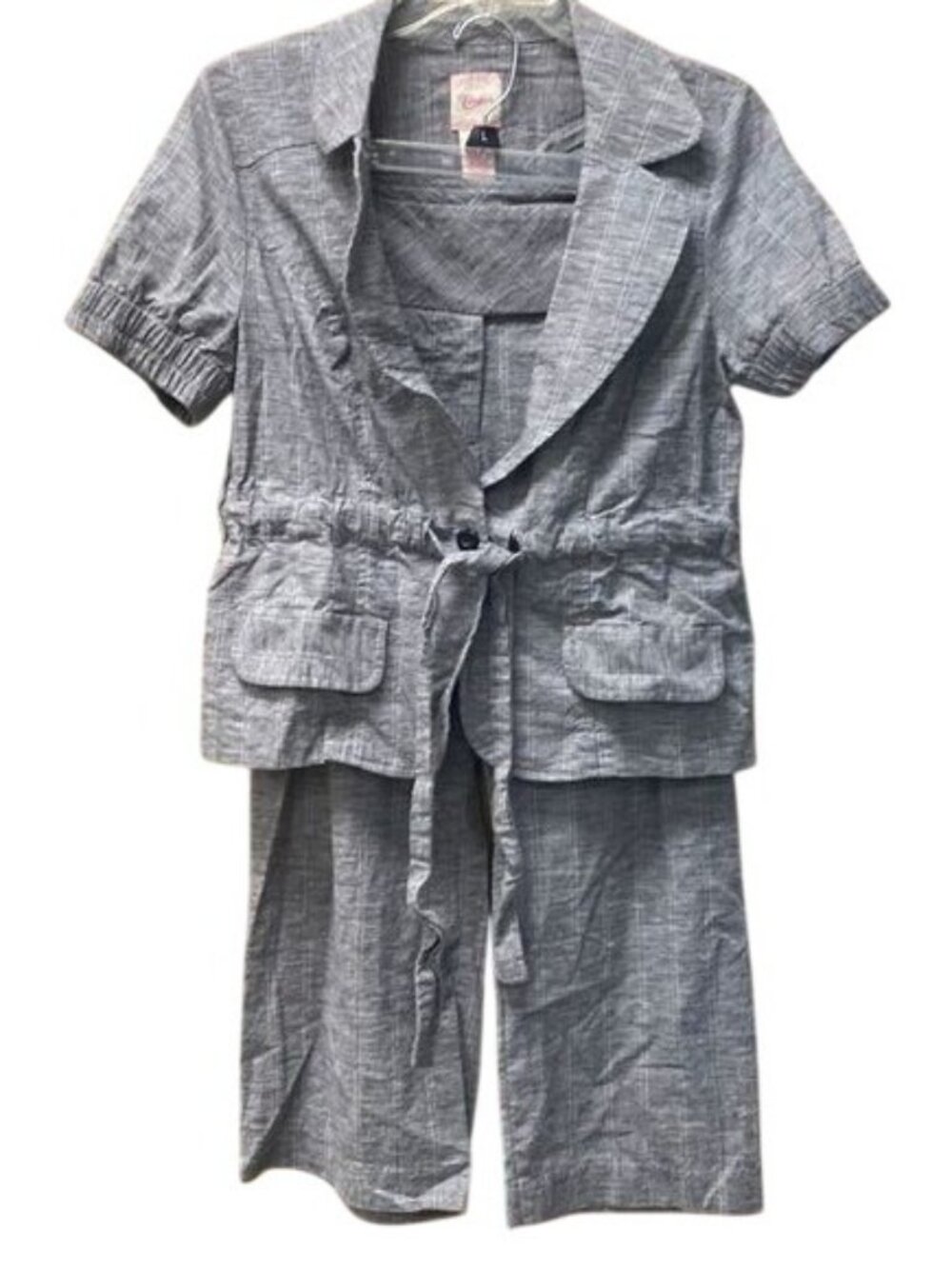 Candies Womens Gray Striped Short-Sleeve Jacket Cropped Pants Set Size Large